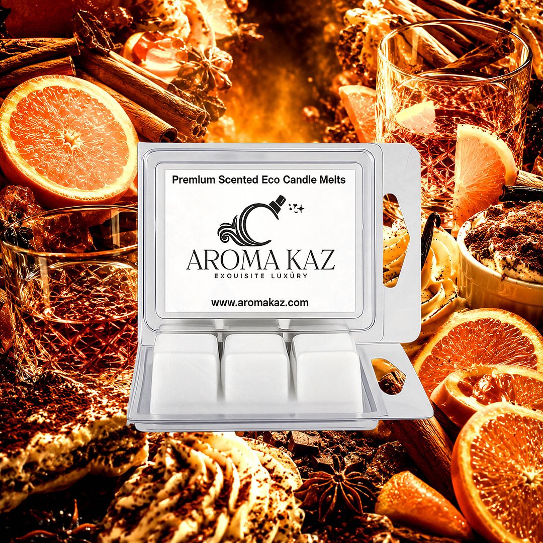 Orange Whisky & Cocoa eco soy wax melts – vegan, cruelty-free featuring rich cocoa, warm whisky, and bright orange zest, handmade in Australia.