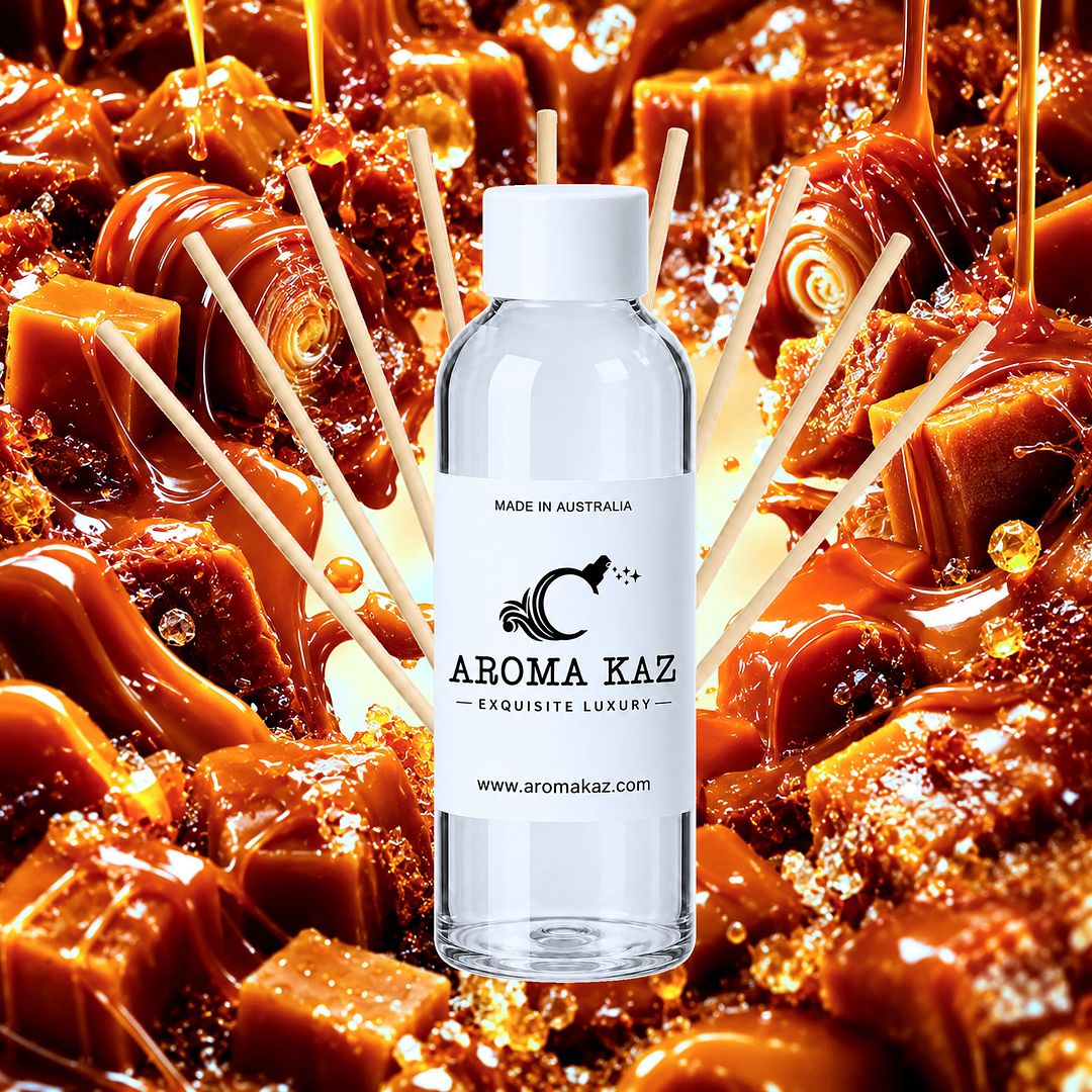 Creamy Caramel Diffuser Fragrance Oil Refill – vegan, cruelty-free featuring a rich buttery caramel aroma, handmade in Australia.
