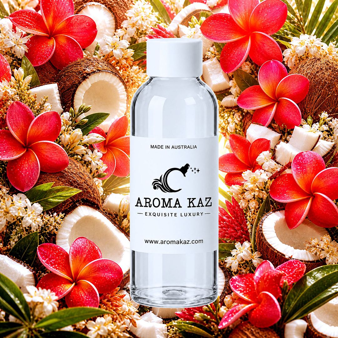 Coconut Frangipani fragrance oil for candle making, soap making and perfume blending – vegan, cruelty-free featuring tropical coconut and frangipani floral blend, handmade in Australia.