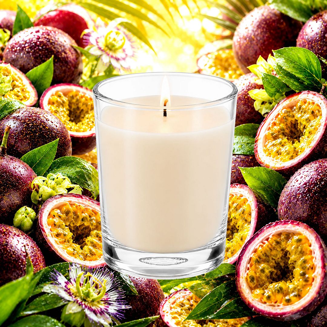 Fresh Passion Fruit Scented Votive Candles eco soy plant based – vegan, cruelty-free featuring sweet tropical passionfruit, handmade in Australia.
