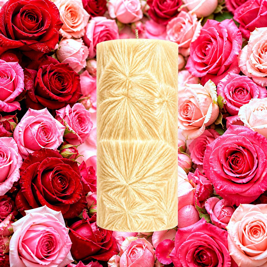 Fresh Roses plant based Pillar Candle – vegan, cruelty-free featuring soft fresh-cut roses, handmade in Australia.