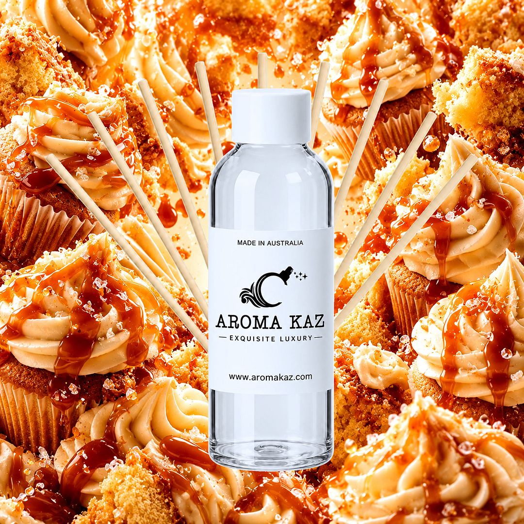 Vanilla Caramel Cupcakes Diffuser Fragrance Oil Refill – vegan, cruelty-free featuring freshly baked cupcakes, vanilla frosting, and caramel drizzle aroma, handmade in Australia.