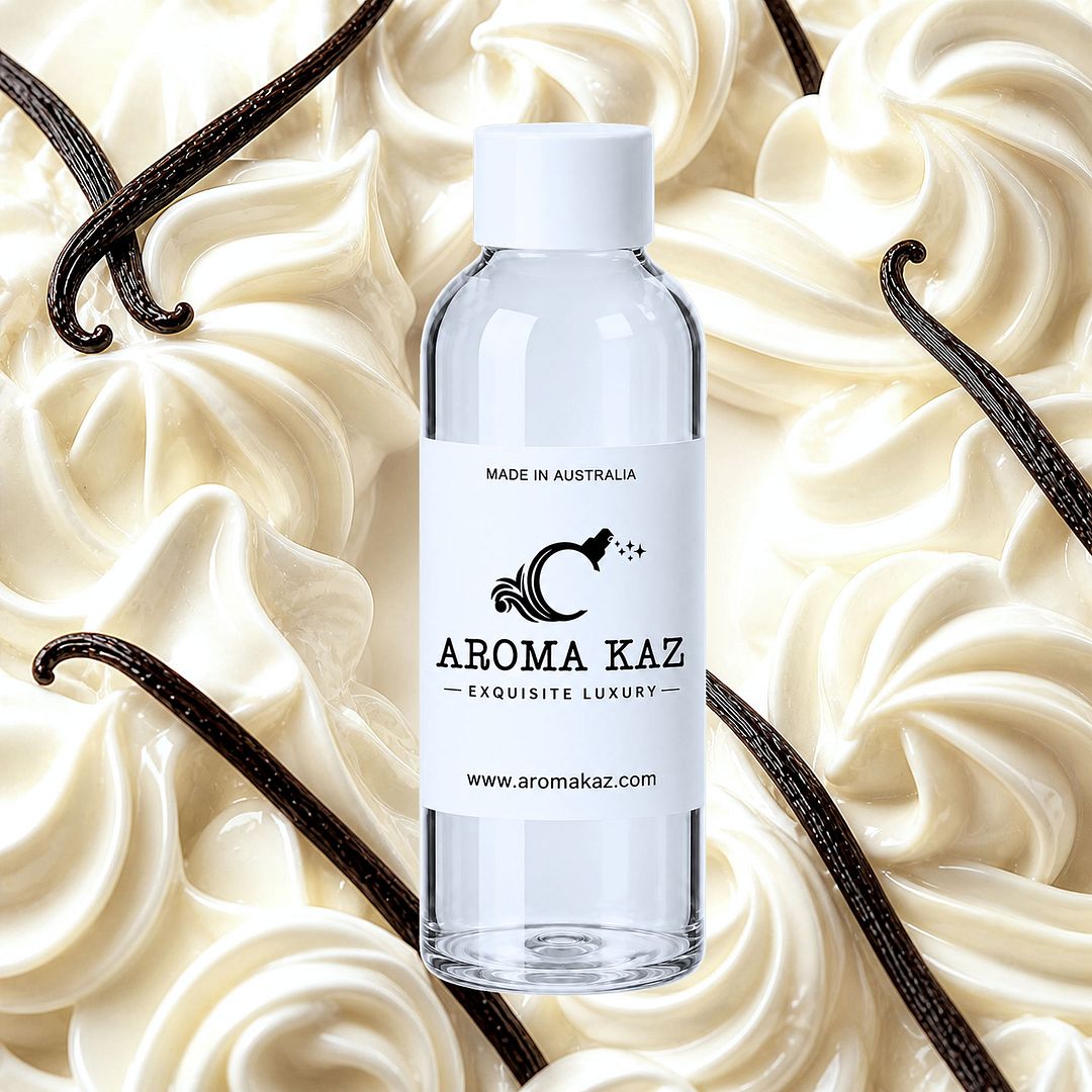 Buttercream Vanilla fragrance oil for candle making, soap making and perfume blending – vegan, cruelty-free featuring creamy vanilla frosting aroma, handmade in Australia.