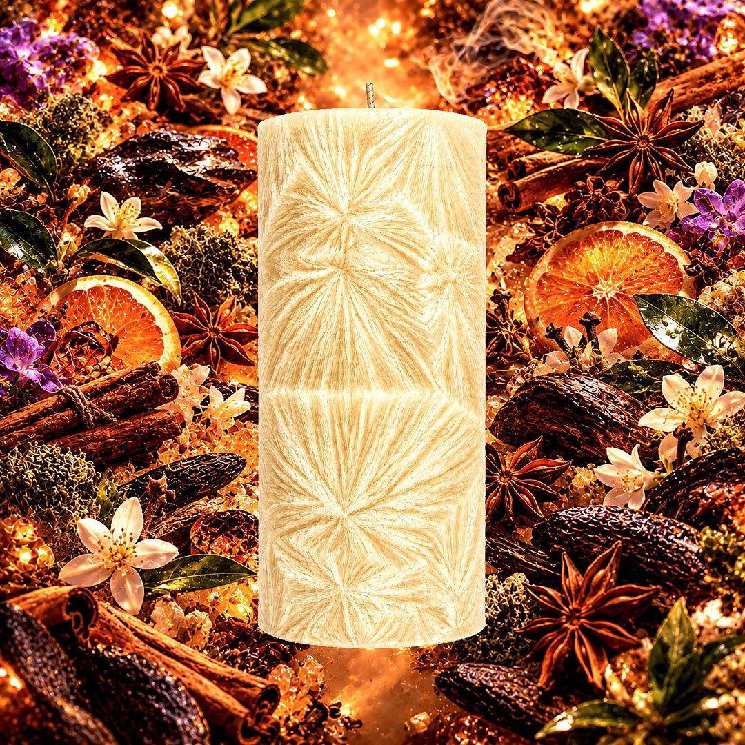 Mystic Arabian Knights plant based Pillar Candle – vegan, cruelty-free featuring deep exotic spices, warm woods, and rich amber, handmade in Australia.