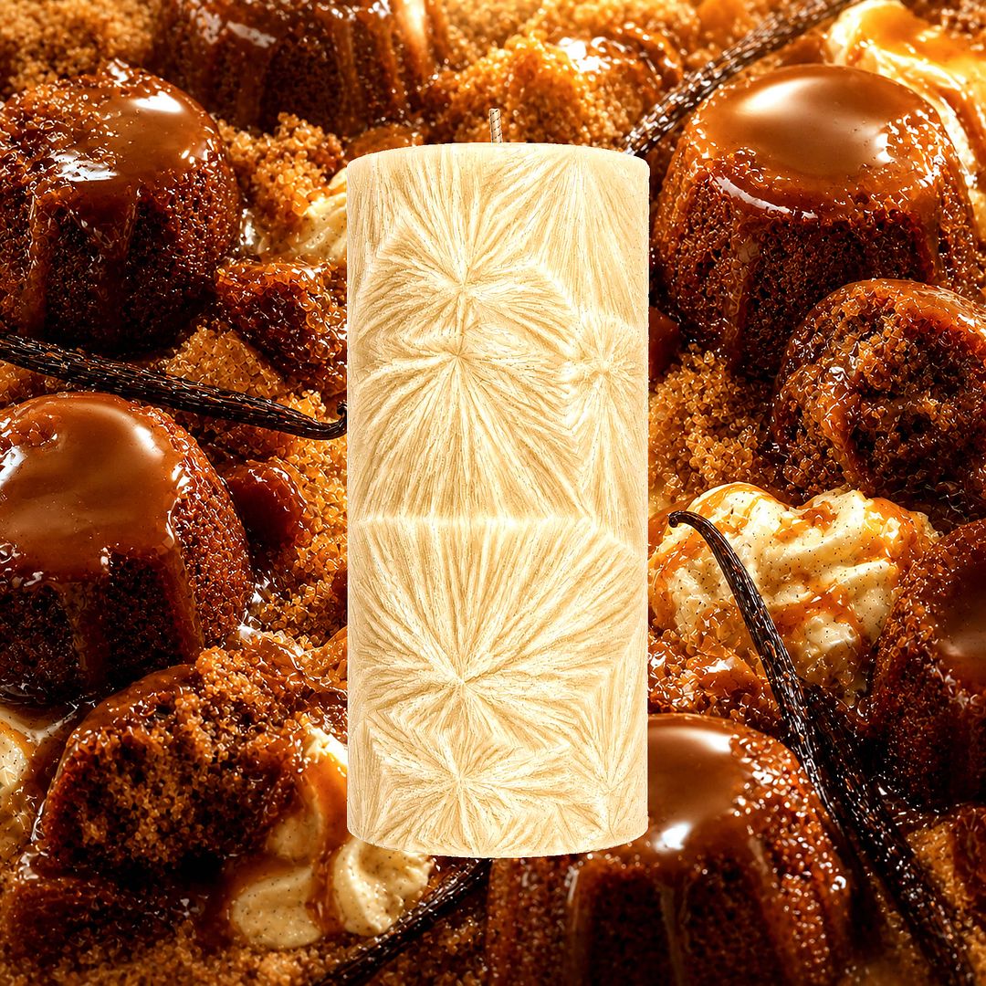 Butterscotch Pudding plant based Pillar Candle – vegan, cruelty-free featuring rich butterscotch dessert aroma, handmade in Australia.