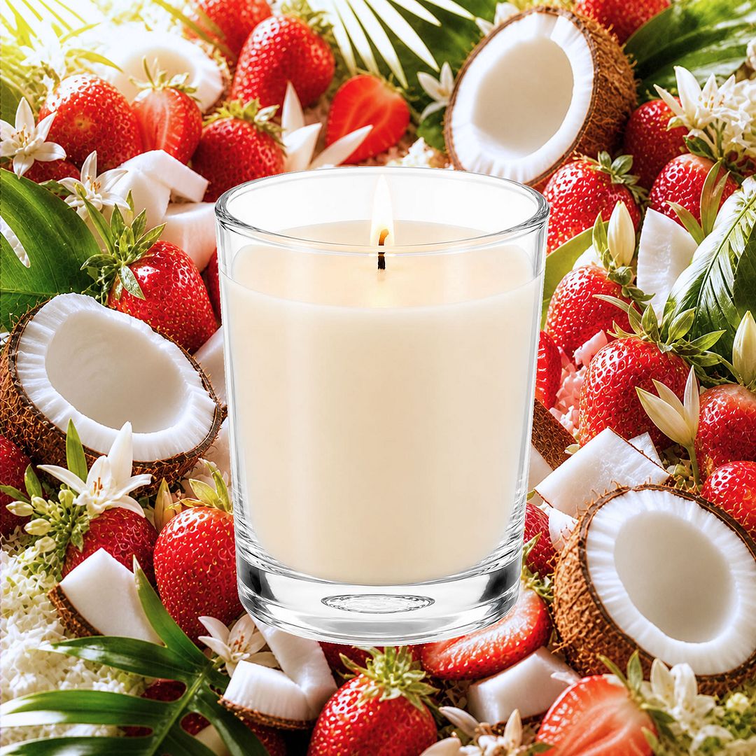 Coconut Strawberry Scented Votive Candles eco soy plant based – vegan, cruelty-free featuring coconut with sweet strawberries, handmade in Australia.