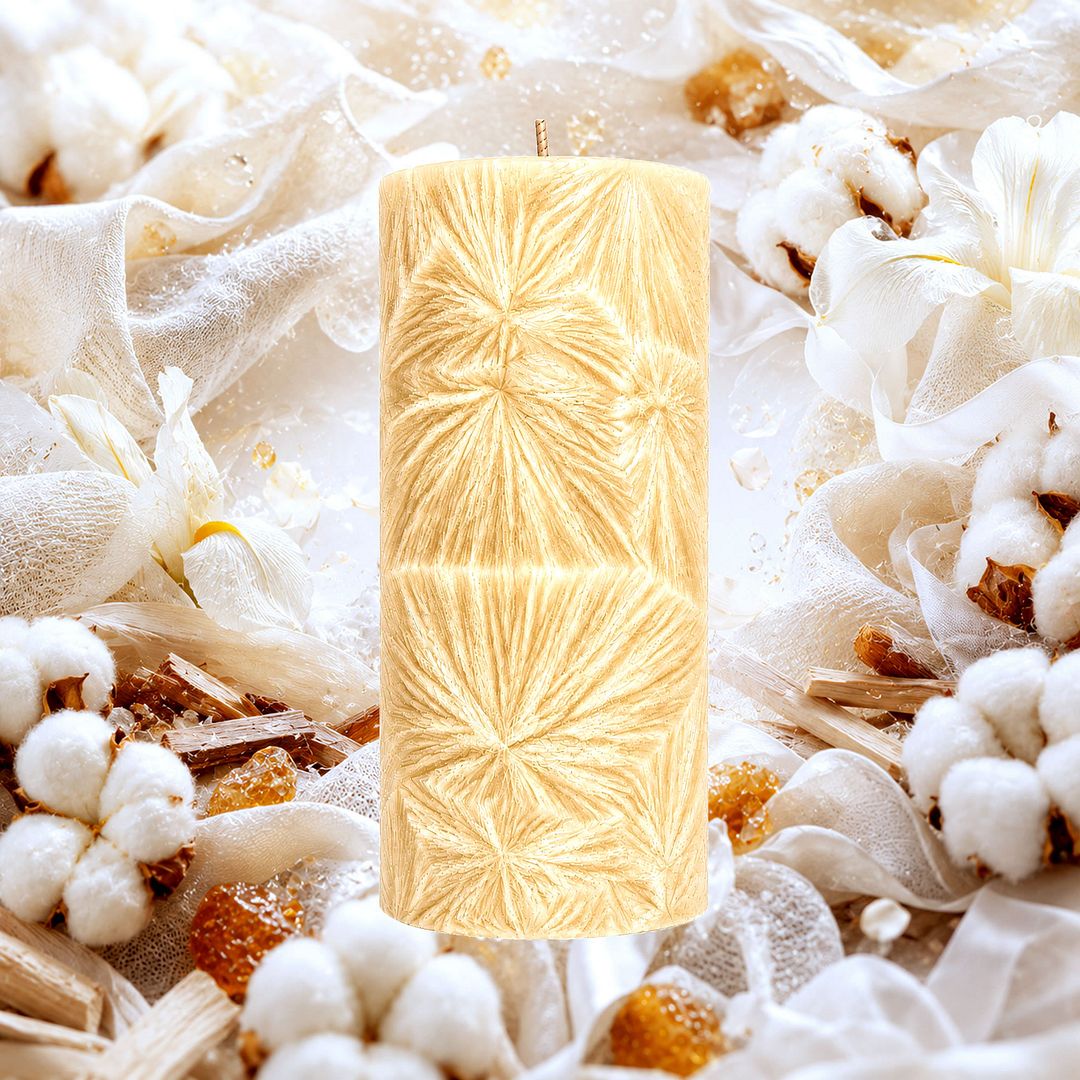 Egyptian Cotton plant based Pillar Candle – vegan, cruelty-free featuring a fresh clean cotton and soft airy aroma with egyptian perfumes, handmade in Australia.