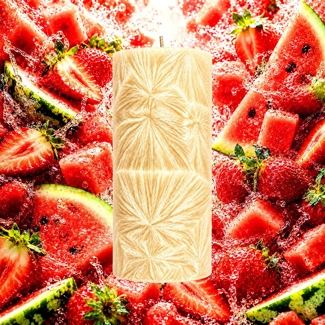Strawberry Watermelon plant based Pillar Candle – vegan, cruelty-free featuring refreshing summer watermelon and plump juicy strawberries, handmade in Australia.