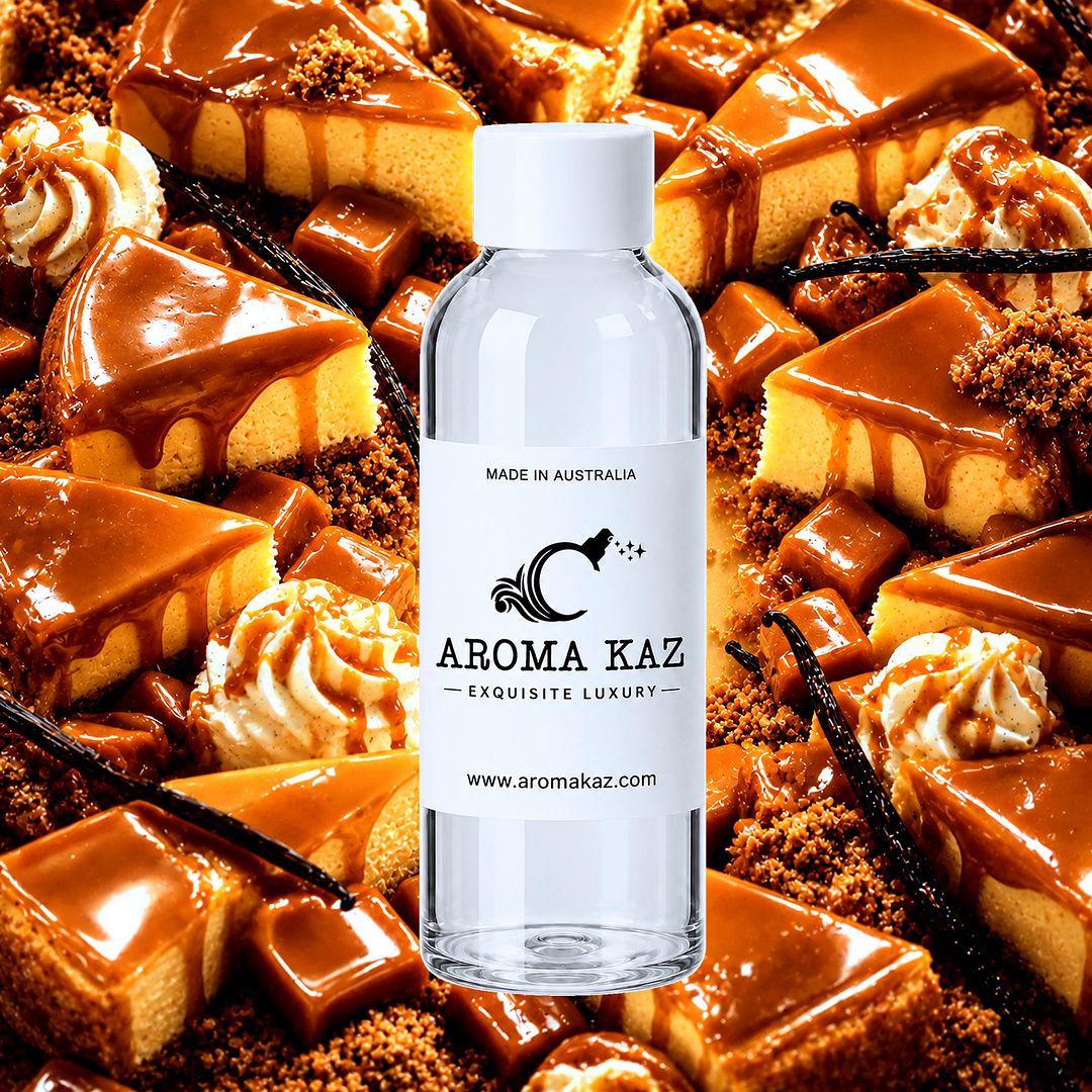 Caramel Cheesecake fragrance oil for candle making, soap making and perfume blending – vegan, cruelty-free featuring creamy caramel dessert aroma, handmade in Australia.