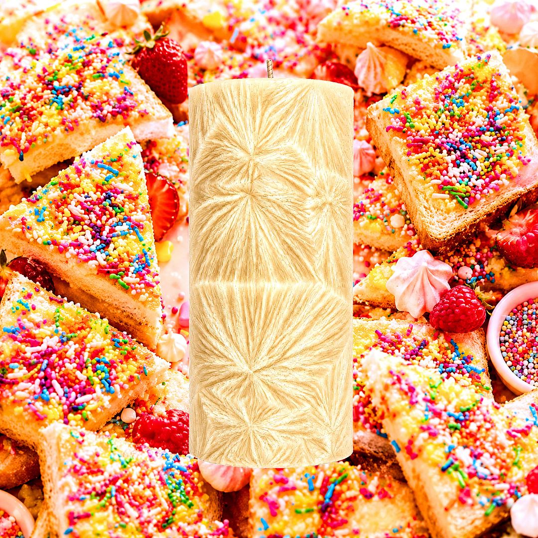 Fairy Bread plant based Pillar Candle – vegan, cruelty-free featuring sweet vanilla and fruity sprinkle aroma, handmade in Australia.