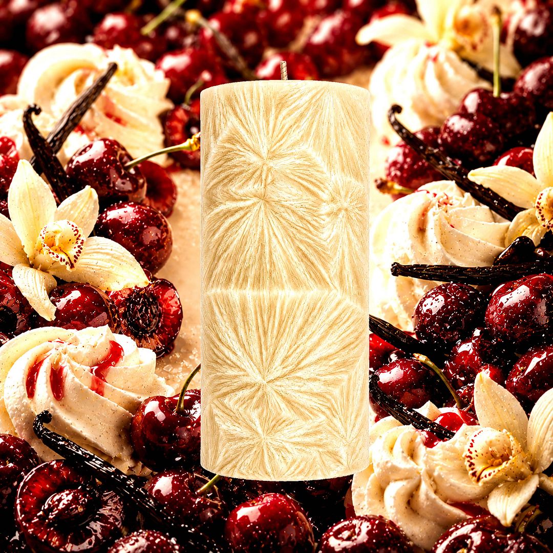 Cherry Vanilla plant based Pillar Candle – vegan, cruelty-free featuring fruity cherry and creamy vanilla fragrance, handmade in Australia.