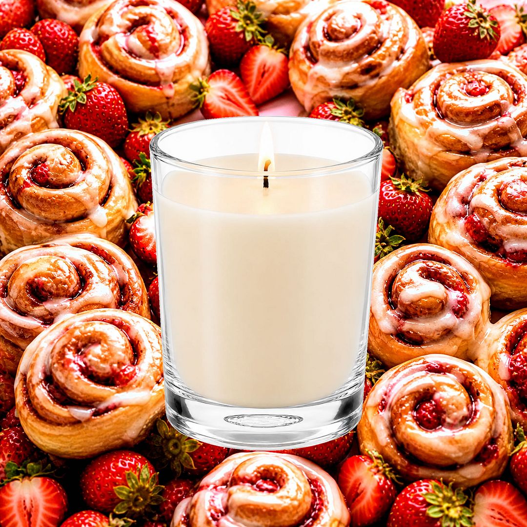 Strawberry Cinnamon Buns Scented Votive Candles eco soy plant based – vegan, cruelty-free featuring warm cinnamon buns and sweet strawberries, handmade in Australia.