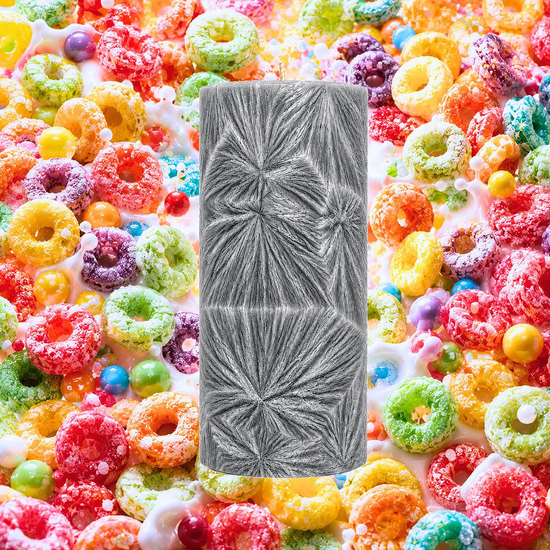 Fruity Rings Cereal plant based Pillar Candle – vegan, cruelty-free featuring sweet fruity cereal aroma, handmade in Australia.