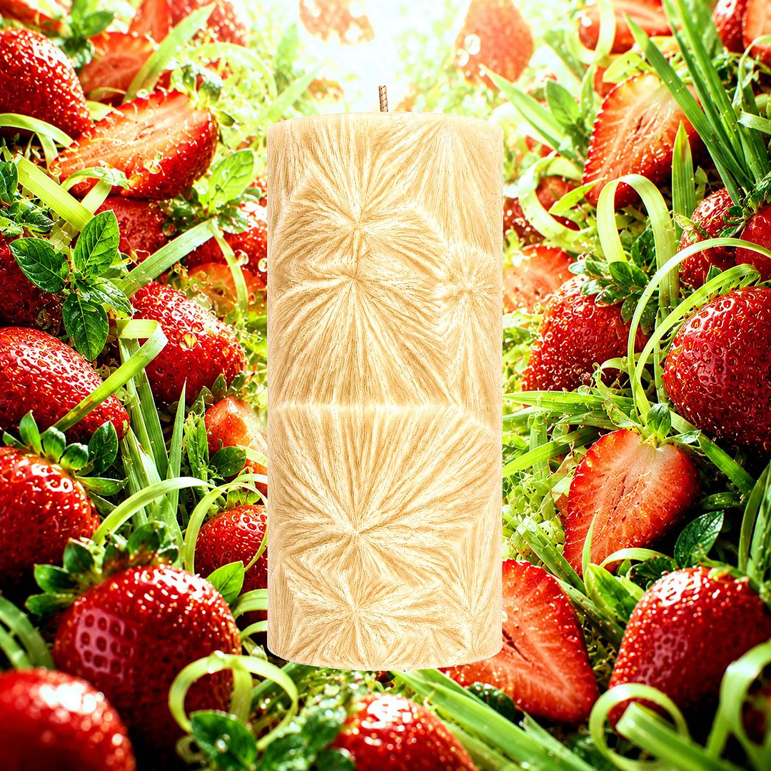 Strawberry Lemongrass plant based Pillar Candle – vegan, cruelty-free featuring juicy strawberries and zesty citrus lemongrass, handmade in Australia.