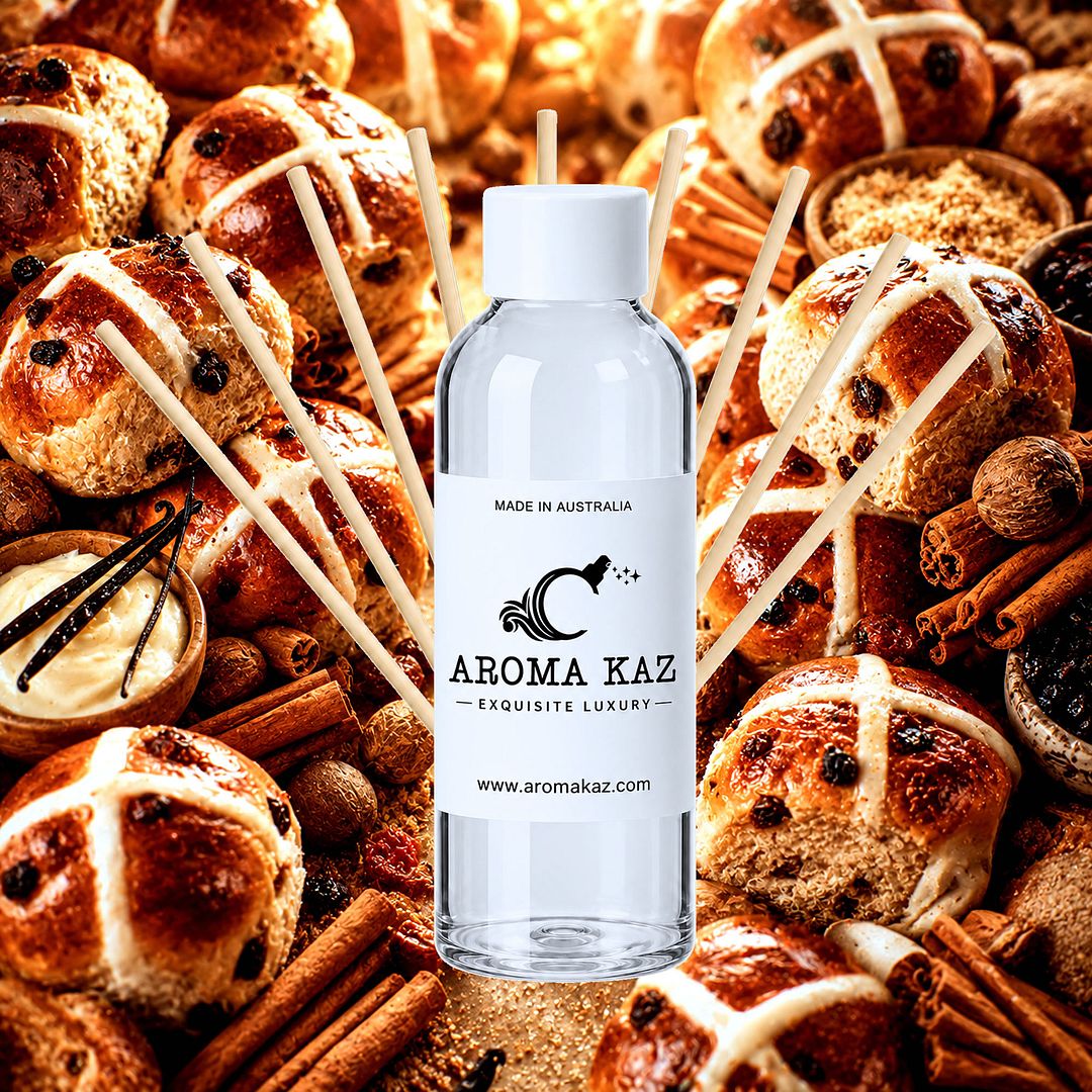 Hot Cross Buns Diffuser Fragrance Oil Refill – vegan, cruelty-free featuring warm bakery spices, sweet dough, and vanilla icing notes, handmade in Australia.