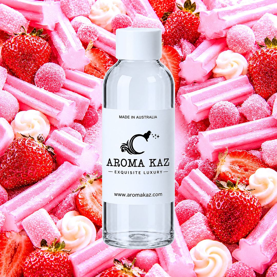 Strawberry Musk fragrance oil for candle making, soap making and perfume blending – vegan, cruelty-free featuring sweet strawberry and pink musk and pink sugar notes, handmade in Australia.