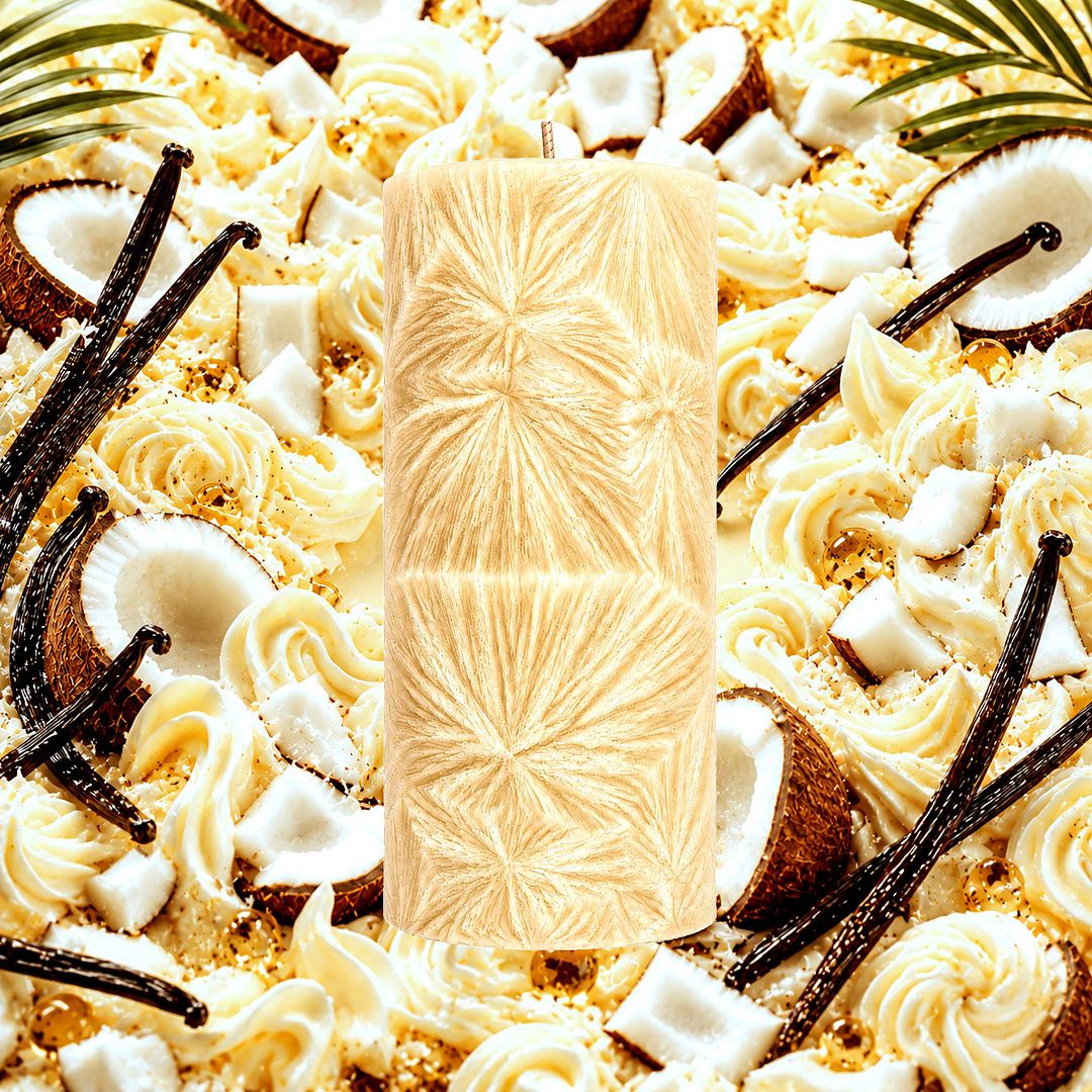 Creamy Tahitian Vanilla plant based Pillar Candle – vegan, cruelty-free featuring exotic creamy Tahitian vanilla, handmade in Australia.