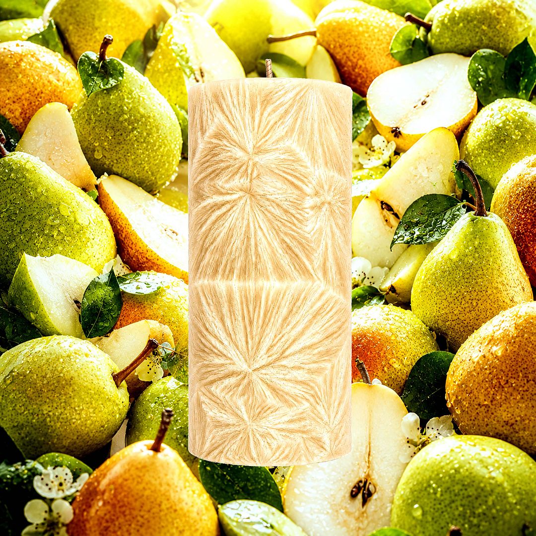 French Pears plant based Pillar Candle – vegan, cruelty-free featuring juicy sweet pear undertones, handmade in Australia.