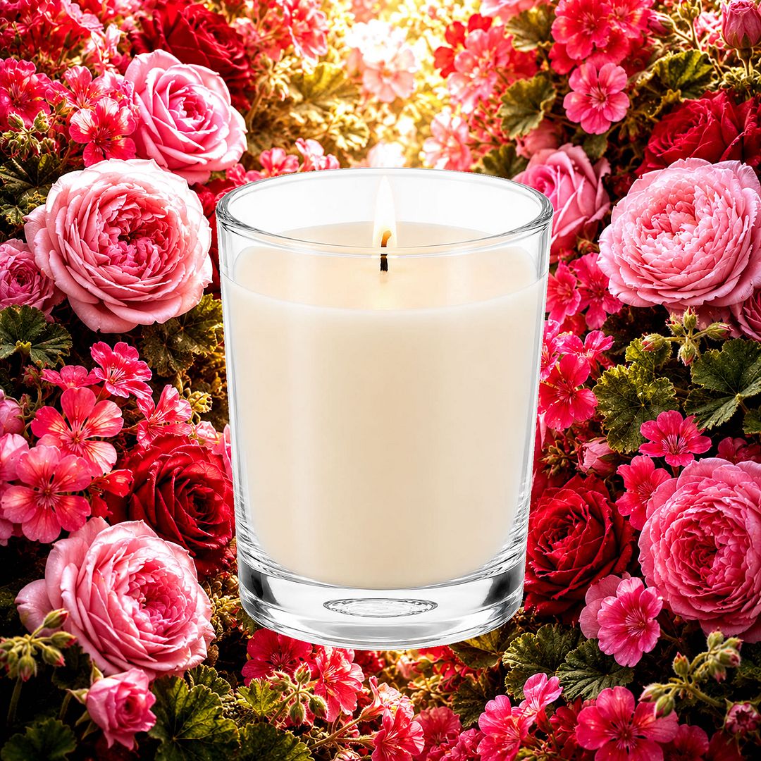 Rose Geranium Scented Votive Candles eco soy plant based – vegan, cruelty-free featuring fresh roses and geranium florals, handmade in Australia.
