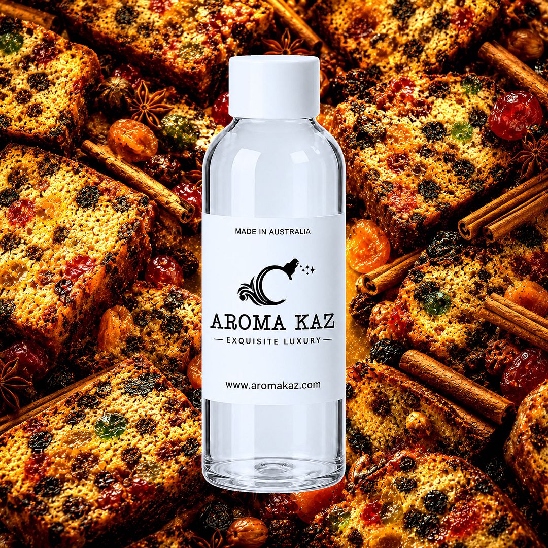 Fruit Cake fragrance oil for candle making, soap making and perfume blending – vegan, cruelty-free featuring rich spiced fruit and dessert notes, handmade in Australia.