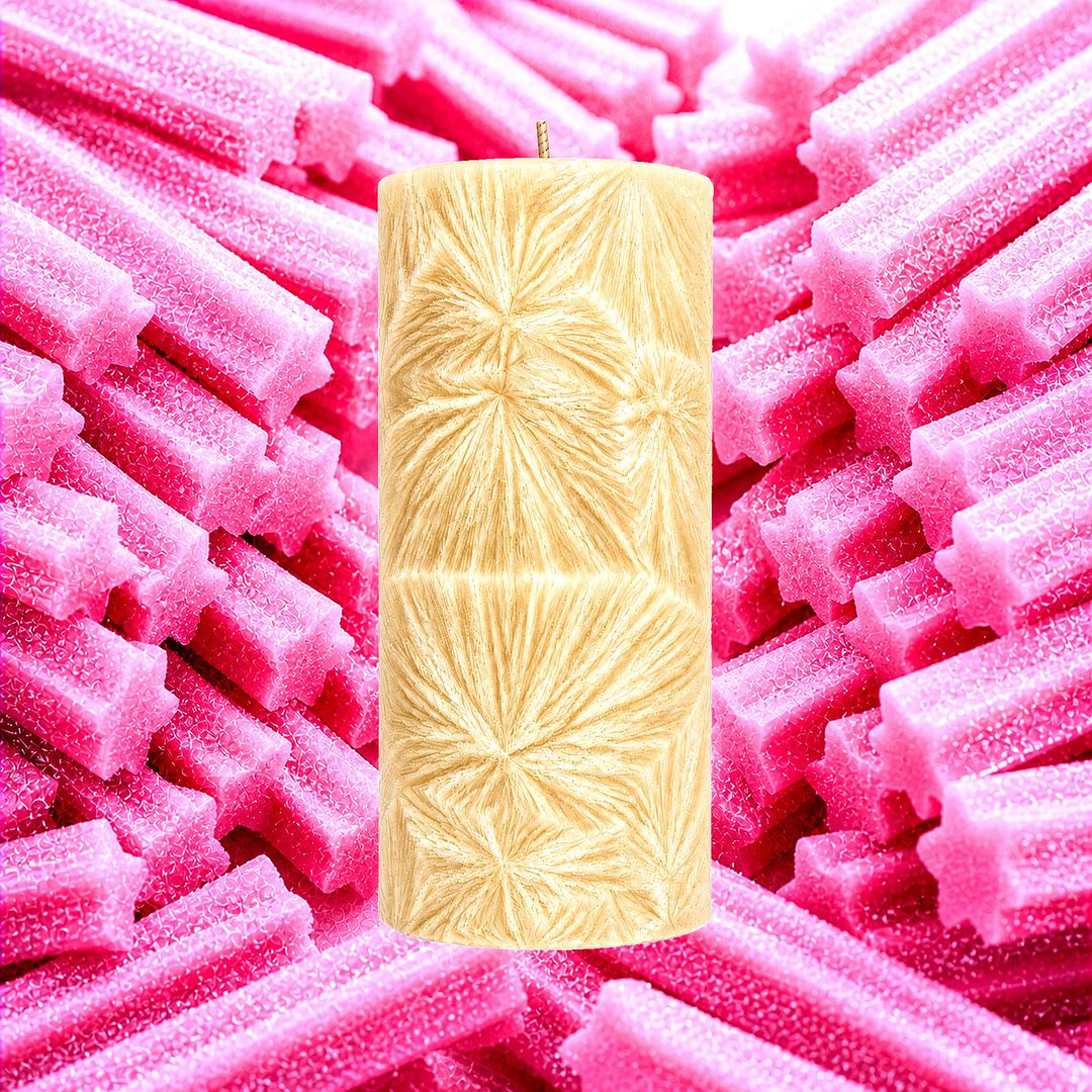 Pink Musk Sticks plant based Pillar Candle – vegan, cruelty-free featuring sweet musk candy aroma, handmade in Australia.