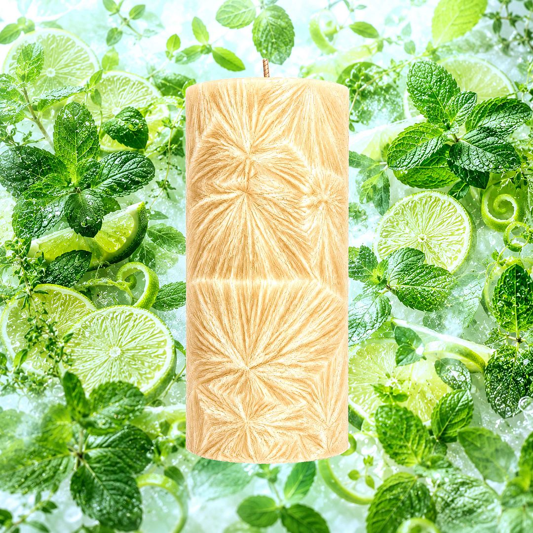 Wild Mint & Citrus Limes plant based Pillar Candle – vegan, cruelty-free featuring fresh mint leaves and zesty citrus lime, handmade in Australia.