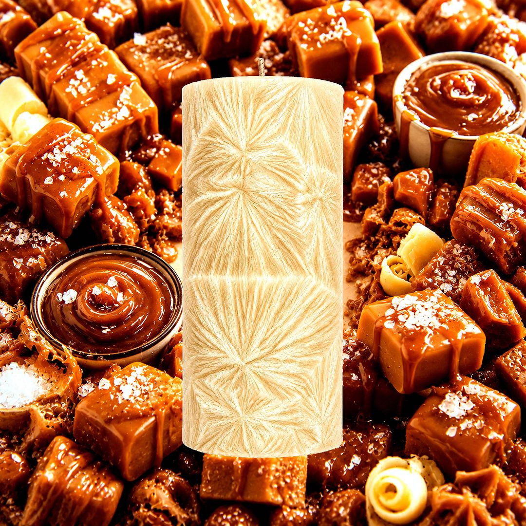 Salted Caramels plant based Pillar Candle – vegan, cruelty-free featuring rich buttery caramel and a touch of sugar salt, handmade in Australia.