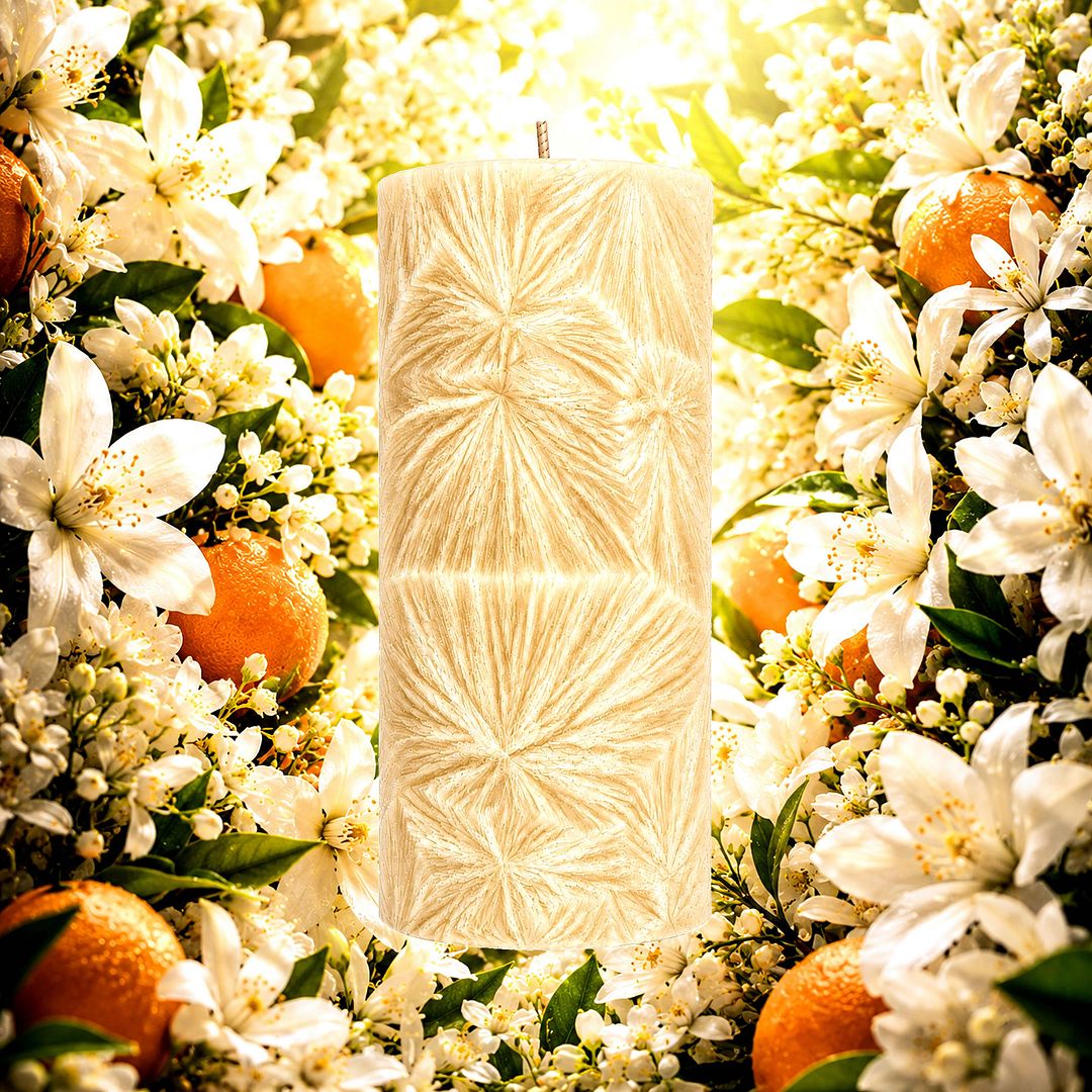 Neroli Orange Blossoms plant based Pillar Candle – vegan, cruelty-free featuring exotic neroli and sweet orange blossom florals, handmade in Australia.