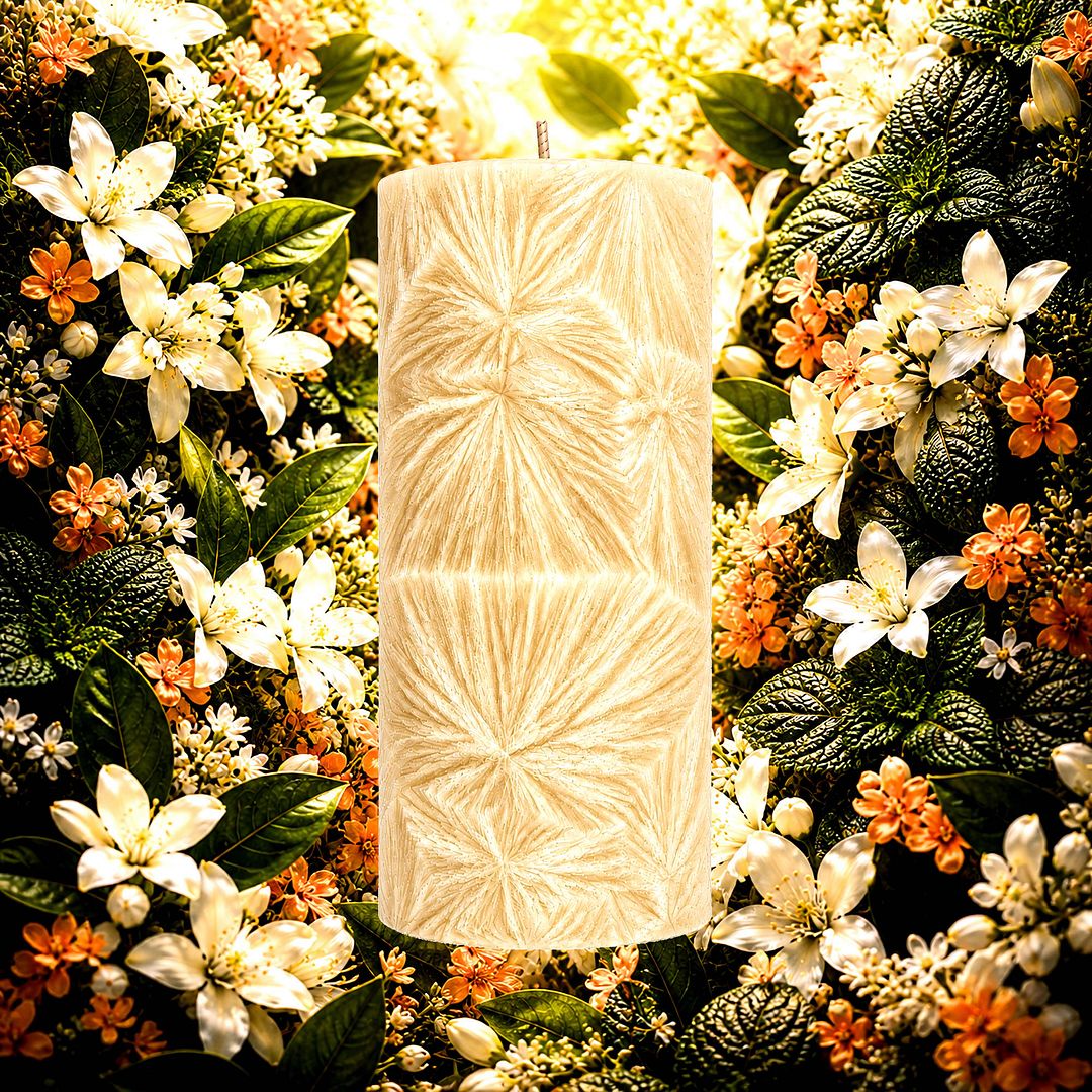 Patchouli Neroli Blossoms plant based Pillar Candle – vegan, cruelty-free featuring floral neroli orange blossoms and earthy patchouli, handmade in Australia.