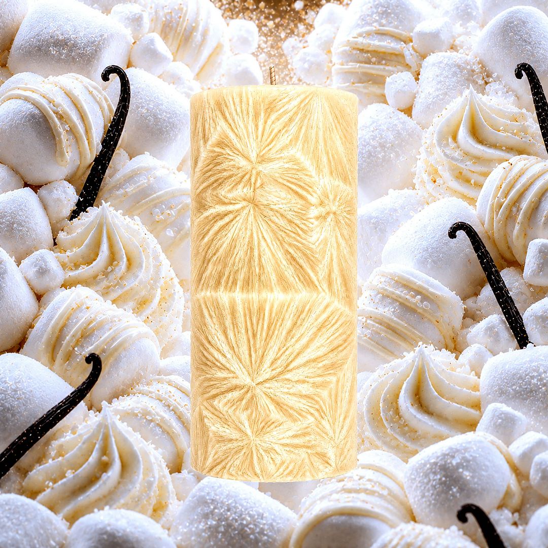 Vanilla Marshmallows plant based Pillar Candle – vegan, cruelty-free featuring soft creamy vanilla and fluffy marshmallow aroma, handmade in Australia.