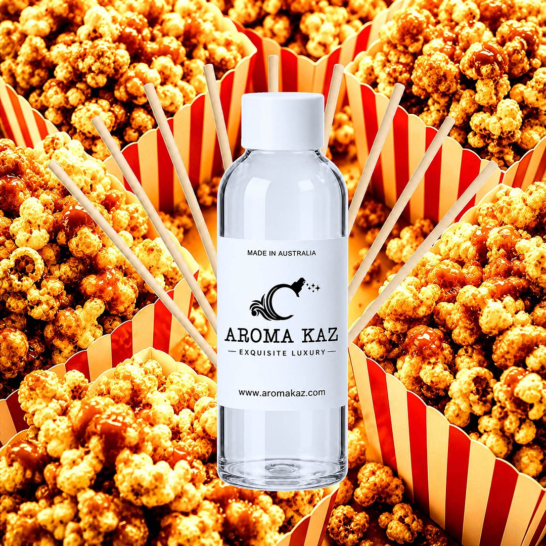 Caramel Popcorn Diffuser Fragrance Oil Refill – vegan, cruelty-free featuring buttery caramel popcorn aroma, handmade in Australia.