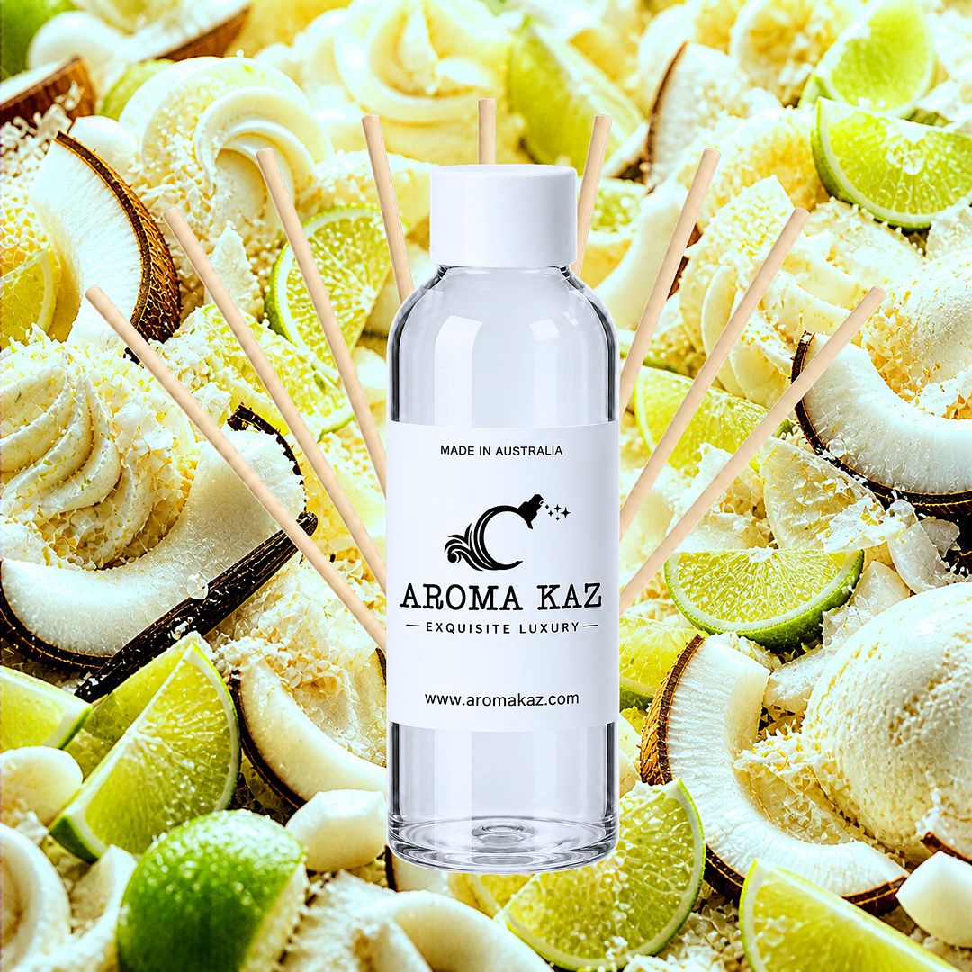 Tahitian Coconut Lime Diffuser Fragrance Oil Refill – vegan, cruelty-free featuring creamy coconut and zesty tropical lime, handmade in Australia.
