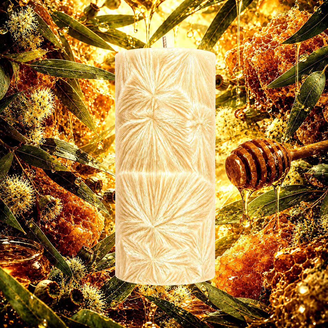 Eucalyptus & Honey plant based Pillar Candle – vegan, cruelty-free featuring soothing eucalyptus and warm natural honey, handmade in Australia.