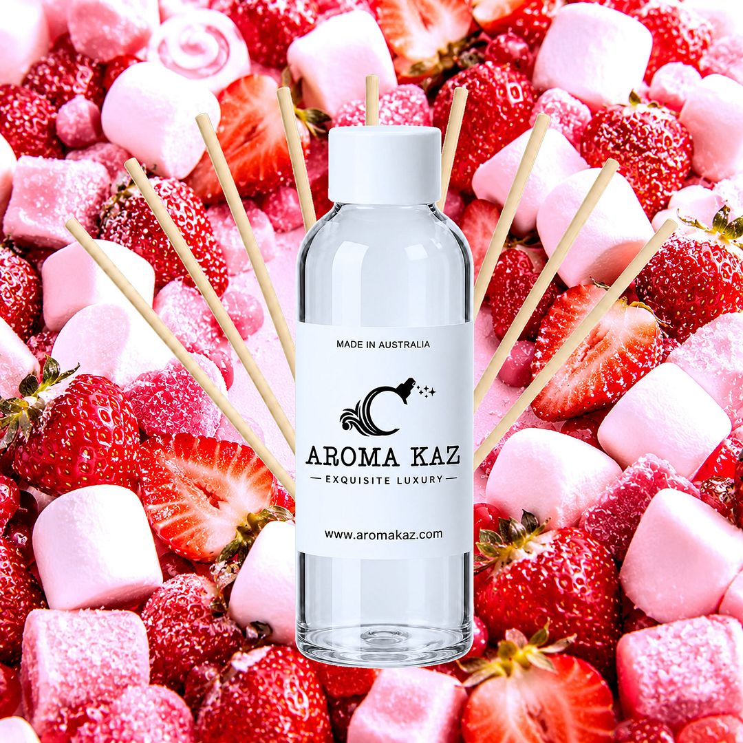 Strawberry Marshmallows Diffuser Fragrance Oil Refill – vegan, cruelty-free featuring fluffy marshmallow and sweet strawberry aroma, handmade in Australia.