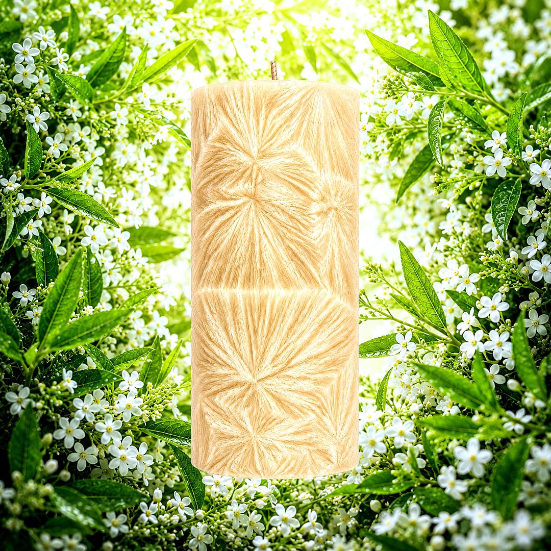 Lemon Verbena plant based Pillar Candle – vegan, cruelty-free featuring refreshing floral fresh verbena, handmade in Australia.
