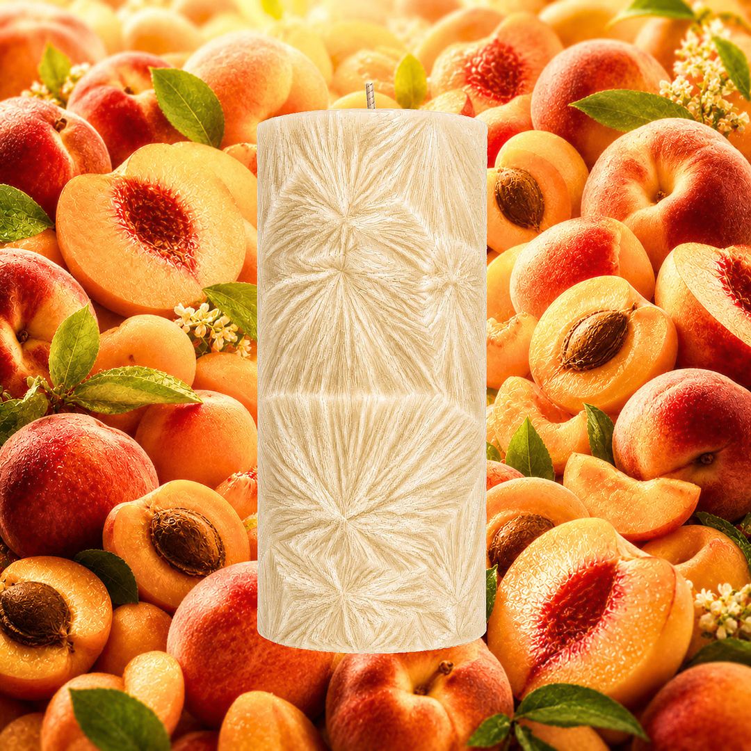 Apricot Peaches plant based Pillar Candle – vegan, cruelty-free featuring sweet apricot and peach notes, handmade in Australia.