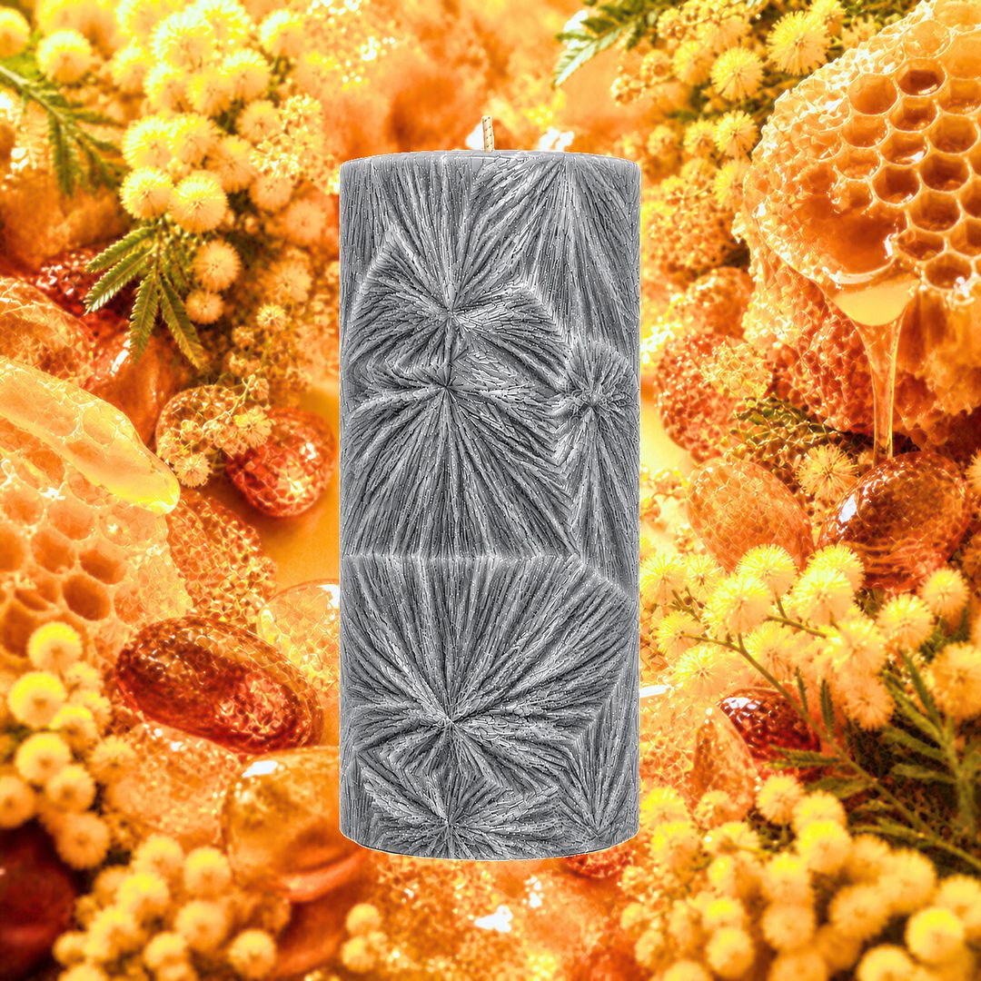 Amber Wattle & Wild Honey plant based Pillar Candle – vegan, cruelty-free featuring sweet honeyed florals, handmade in Australia.
