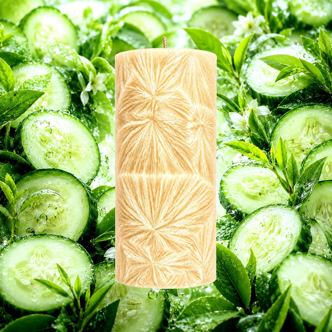 Green Tea & Cucumber plant based Pillar Candle – vegan, cruelty-free featuring refreshing cucumber and calming green tea, handmade in Australia.