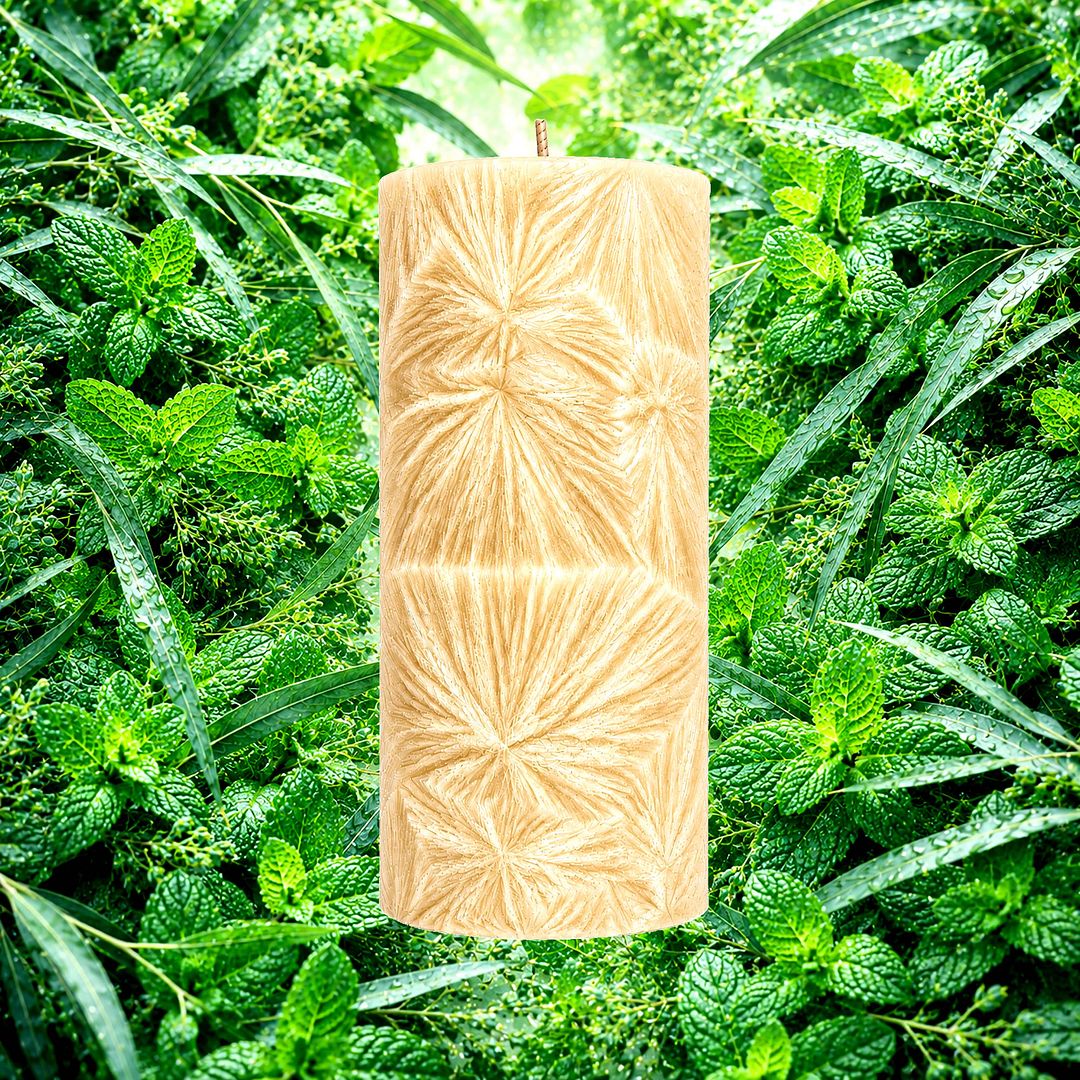 Eucalyptus & Spearmint plant based Pillar Candle – vegan, cruelty-free featuring refreshing spearmint and eucalyptus notes, handmade in Australia.