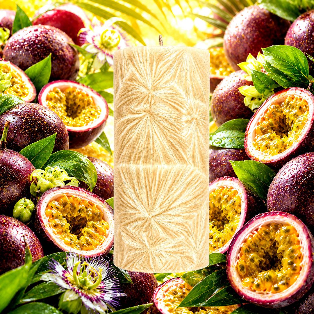 Fresh Passion Fruit plant based Pillar Candle – vegan, cruelty-free featuring sweet tropical passionfruit, handmade in Australia.