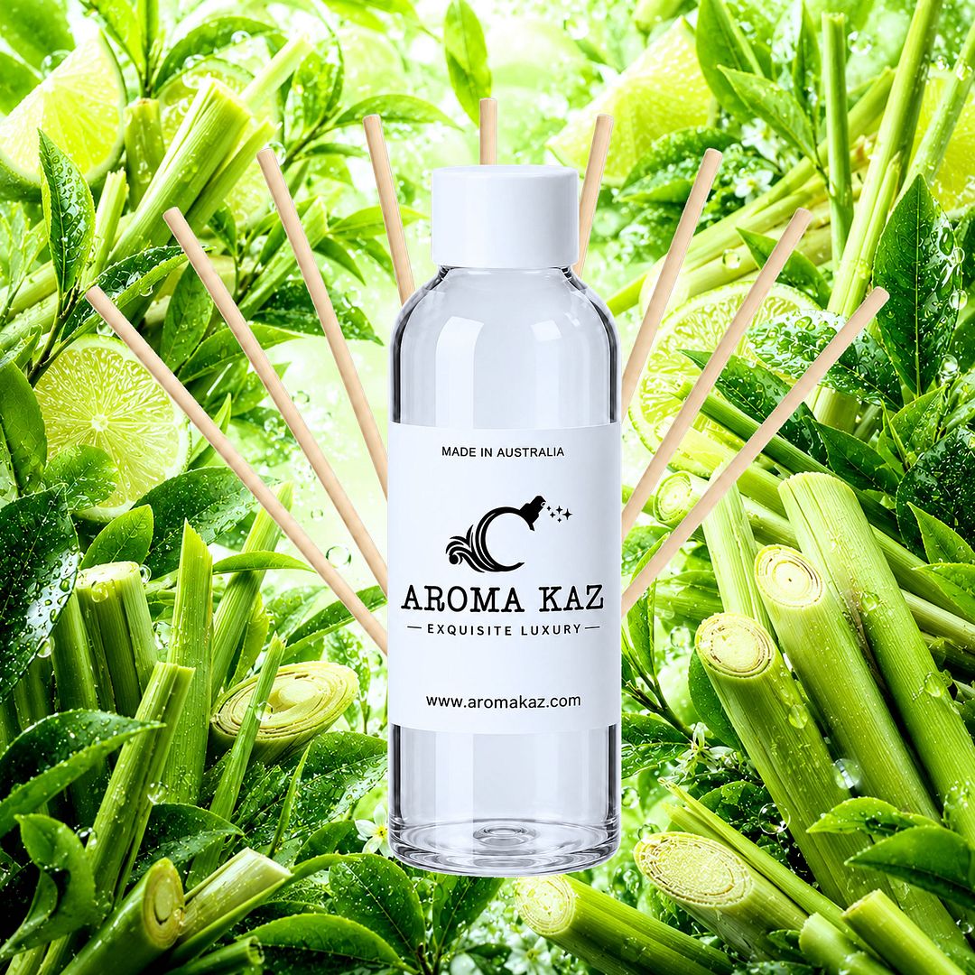 Green Tea & Lemongrass Diffuser Fragrance Oil Refill – vegan, cruelty-free featuring zesty citrus lemongrass and herbal green tea, handmade in Australia.