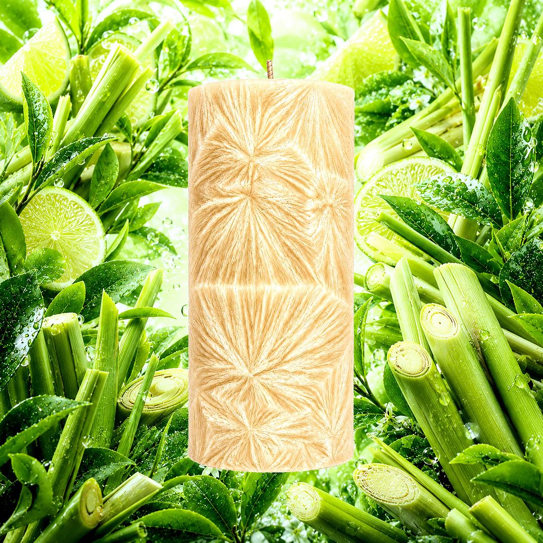 Green Tea & Lemongrass plant based Pillar Candle – vegan, cruelty-free featuring zesty citrus lemongrass and herbal green tea, handmade in Australia.