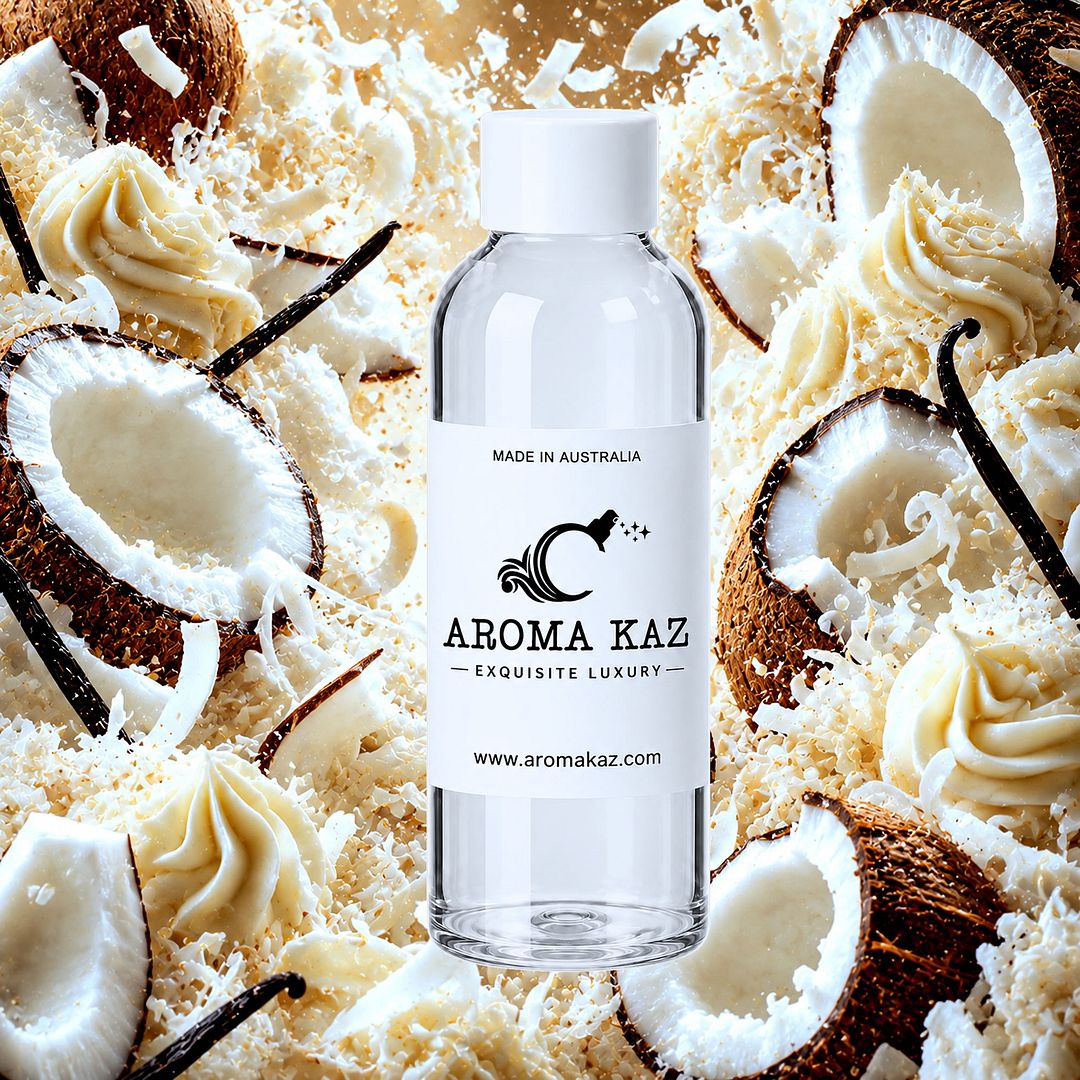 Vanilla Coconut fragrance oil for candle making, soap making and perfume blending – vegan, cruelty-free featuring creamy vanilla and tropical coconut, handmade in Australia.