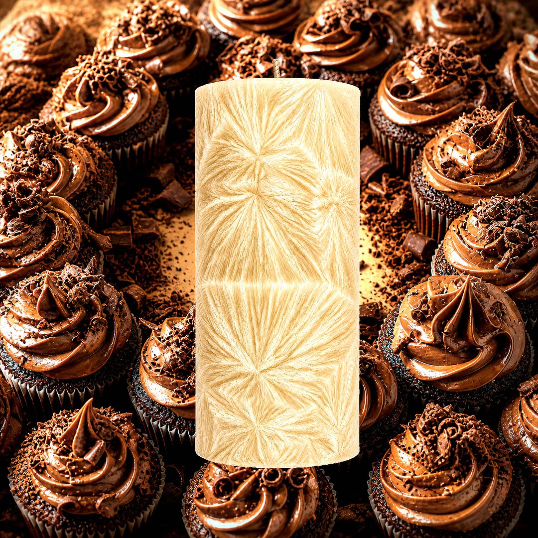 Creamy Chocolate Cupcakes plant based Pillar Candle – vegan, cruelty-free featuring a decadent chocolate cupcake aroma, handmade in Australia.