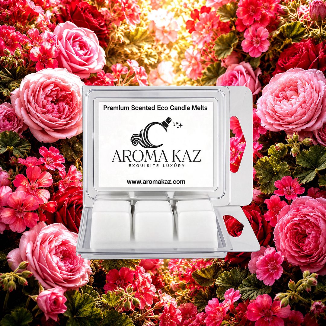 Rose Geranium eco soy wax melts – vegan, cruelty-free featuring fresh roses and geranium florals, handmade in Australia.