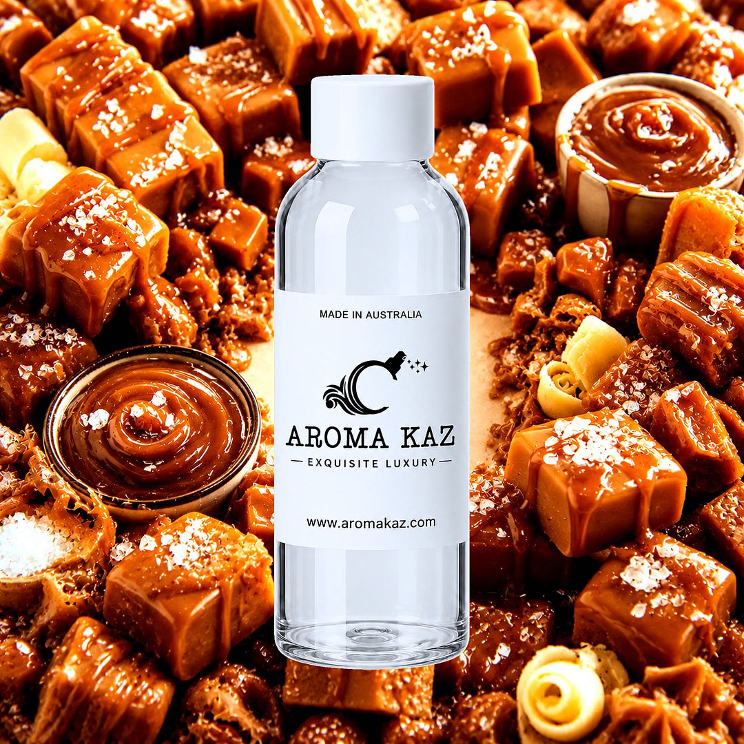 Salted Caramels fragrance oil for candle making, soap making and perfume blending – vegan, cruelty-free featuring rich buttery caramel and a touch of sugar salt, handmade in Australia.