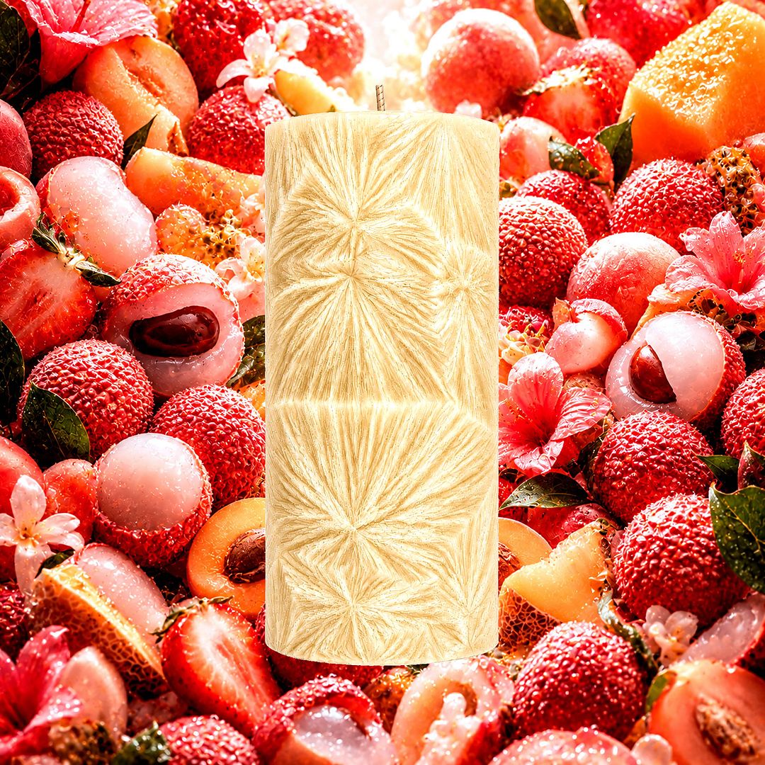 Pink Lychee plant based Pillar Candle – vegan, cruelty-free featuring juicy tropical lychee and strawberry sweetness, handmade in Australia.