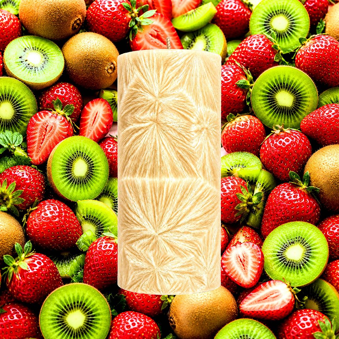 Strawberries & Kiwi Fruit plant based Pillar Candle – vegan, cruelty-free featuring sweet strawberries and fresh kiwi fruit, handmade in Australia.