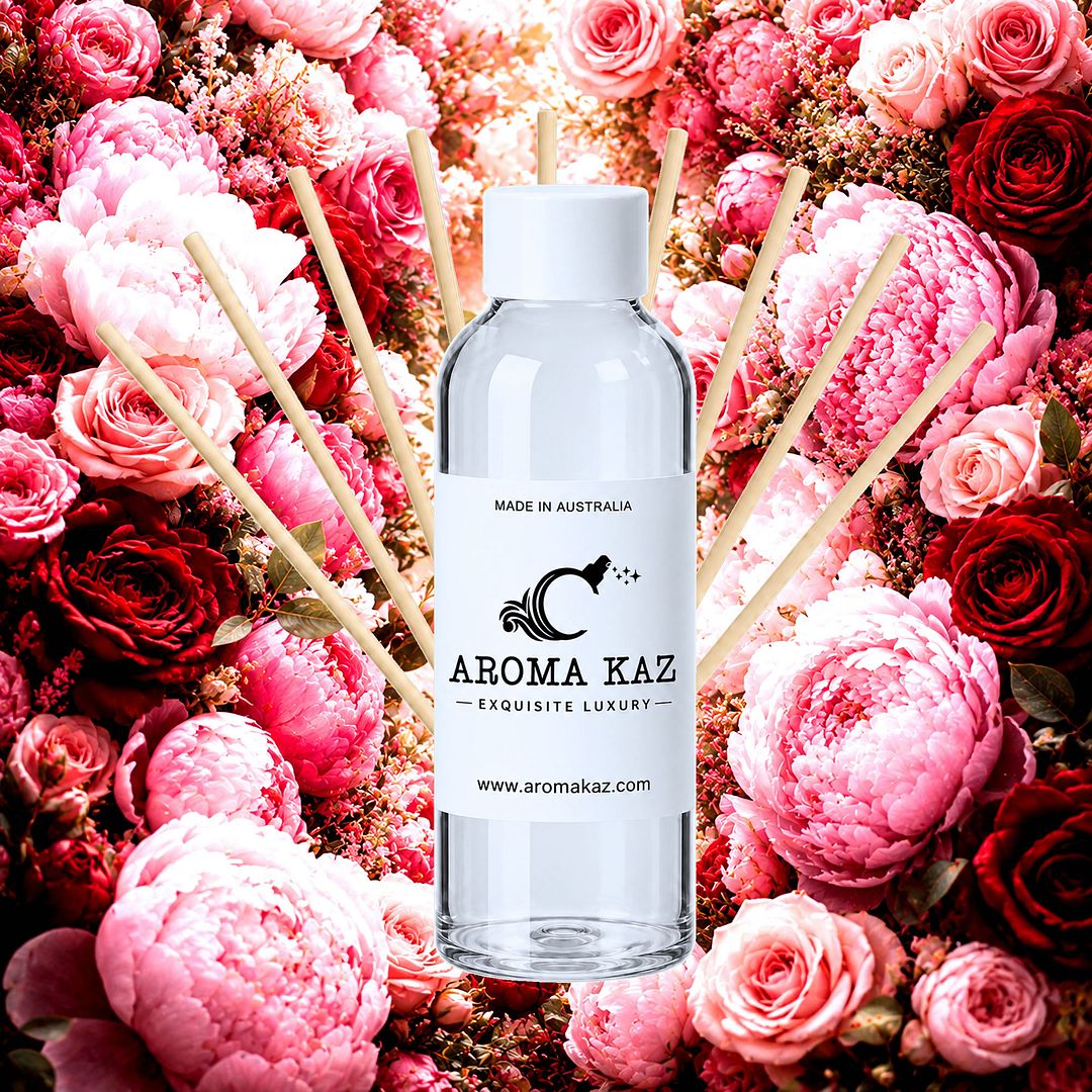 Peony Rose Diffuser Fragrance Oil Refill – vegan, cruelty-free featuring soft peony petals and classic rose florals, handmade in Australia.