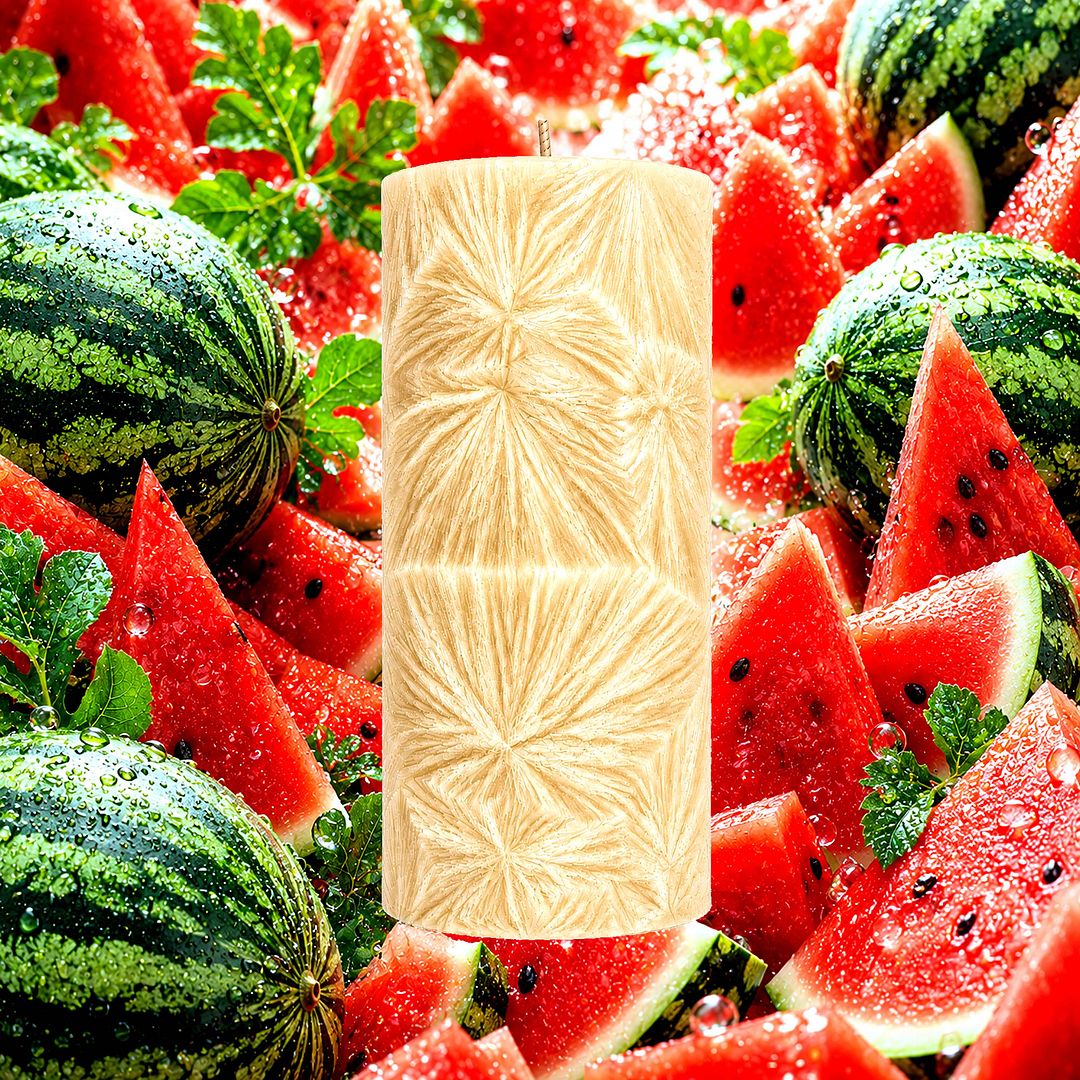 Juicy Watermelon plant based Pillar Candle – vegan, cruelty-free featuring summer fresh juicy watermelon aroma, handmade in Australia.